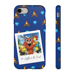 May include: A blue phone case featuring a repeating pattern of campfires, diamonds, and flames. A polaroid-style image of cartoon characters is centered on the case, with the text "99 Nights in the Forest".