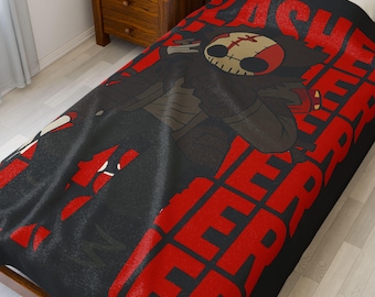 May include: Black and red twin-size blanket featuring a cartoon character with a mask and the text "SLASH FEVER". The blanket is on a bed with a wooden frame and a nightstand.