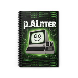 Puede incluir: Cuaderno de espiral con un gráfico de ordenador retro y una cara sonriente en la pantalla. La portada muestra el texto "P.Al.nter" en blanco, sobre un fondo negro con diseños de placa de circuito verde. El gráfico del ordenador es en tonos grises y verdes.
