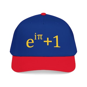 May include: A baseball cap with a blue crown and a red brim. The cap features the mathematical equation "e^iπ + 1" in yellow letters on the front. The cap has a red button on top.