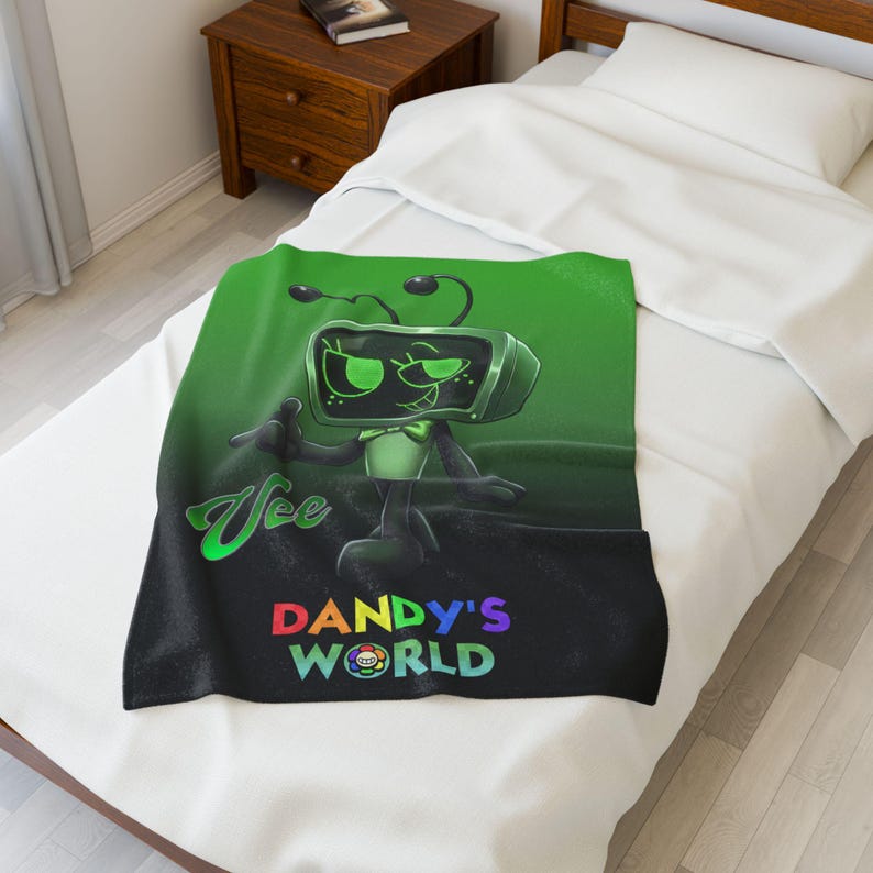 Vee dandys inspired skin Dandy s World green Vibrant, tv robot cartoon for kids Velveteen Plush Blanket, Gift for XMAS image 15