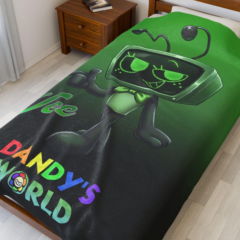 Vee dandys inspired skin Dandy s World green Vibrant, tv robot cartoon for kids Velveteen Plush Blanket, Gift for XMAS image 1