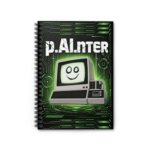 May include: Spiral-bound notebook featuring a retro computer graphic with a smiling face on the screen. The notebook cover has the text "P.Al.nter" in white, set against a black background with green circuit board designs. The overall design has a vintage, tech-inspired theme.