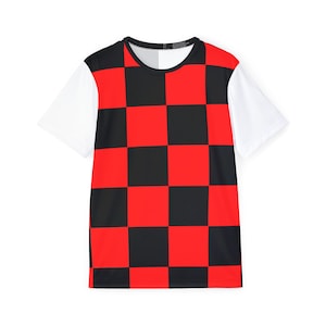 May include: A short-sleeved t-shirt with a striking checkerboard pattern in red and black. The sleeves and upper back are white, creating a bold contrast. The shirt has a crew neck and a straight hemline.