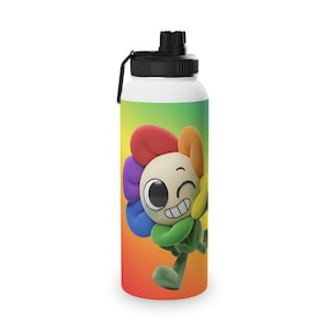 May include: A white water bottle with a black lid and handle. The bottle features a colorful cartoon flower character with a smiling face and rainbow petals. The background transitions from red to yellow and green.