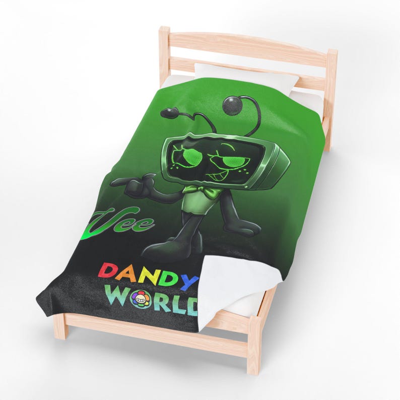 Vee dandys inspired skin Dandy s World green Vibrant, tv robot cartoon for kids Velveteen Plush Blanket, Gift for XMAS image 11