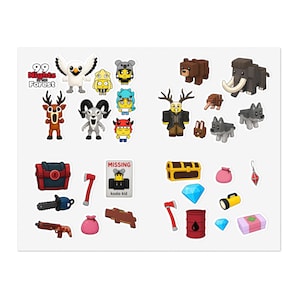 Puede incluir: Una hoja de pegatinas con ilustraciones de dibujos animados de animales y objetos. Las pegatinas incluyen un ciervo, un oso y un lobo, junto con un cofre del tesoro, un hacha y un letrero que dice "Missing koala kid".