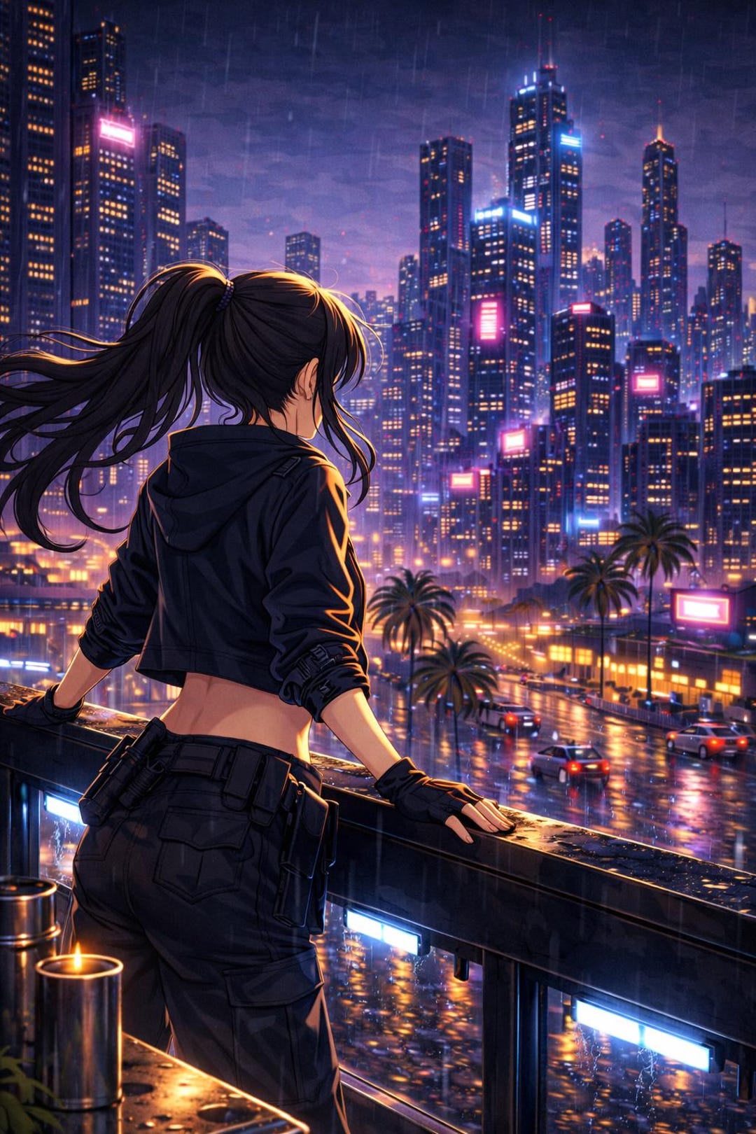 Cyberpunk Cityscape Poster — Matte Vertical Anime Girl Overlooking Neon ...