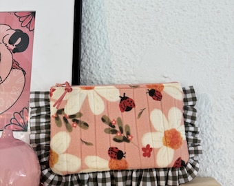 Handmade Ruffled Pouch • Quilted Ladybug Daisy Cosmetic Bag