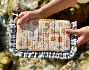 Handmade Ruffled Pouch • Quilted Happy Faster Cosmetic Bag • Travel Organizer