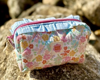 Ruffled Makeup Bag • Floral Quilted Cosmetic Pouch • Travel Organizer