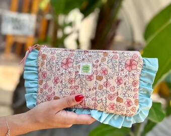 Handmade Ruffled Pouch • Quilted Floral Muslin Cosmetic Pouch
