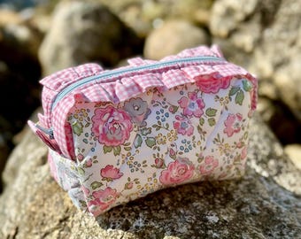 Ruffled Makeup Bag • Pink Floral Quilted Cosmetic Pouch
