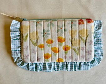 Handmade Ruffled Pouch • Quilted Tulip Muslin Cosmetic Bag