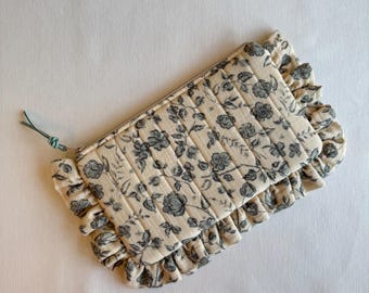Handmade Ruffled Pouch • Quilted Floral Cosmetic Bag