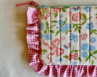 Handmade Ruffled Pouch • Quilted Blue Flowers Cosmetic Bag