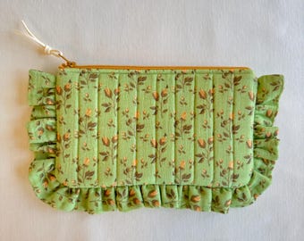 Handmade Ruffled Pouch • Quilted Green Floral Makeup Bag