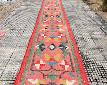 Alfombra Kilim tejida a mano - Alfombra vintage roja para escaleras, tejida a mano en yute y lana, ideal para pasillos, entradas, baños, interiores y exteriores.