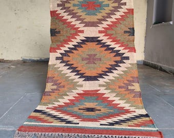 Multicolor Runner Rug - Vintage Stair Kilim Runner, Handmade Large Jute Runner Wool Jute Hallway Rug, Bohemian Handwoven Boho Outdoor Runner