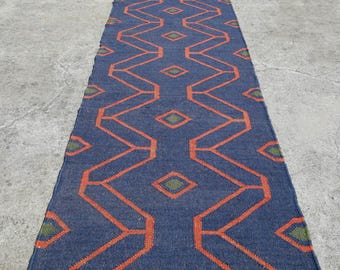 Handwoven Kilim Stair Runner - Blue Vintage Aztec Motif Style | Handmade Turkish Geometric Rug for Hallway Entryway Staircase Runner