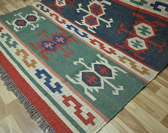 Handwoven Wool Jute Kilim Rug – Bohemian Indian Area Rug
