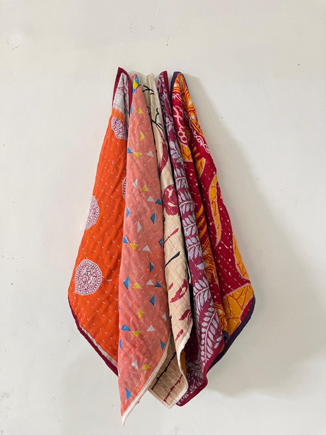 Set of 5 Vintage Kantha Cotton Tea Towels: Handmade Colorful Kitchen Linens Soft Durable Hand-stitched Dishcloths with Hanging Loop