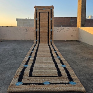 Handwoven Hemp Runner Rug – Black Striped Jute, Boho Entryway Decor