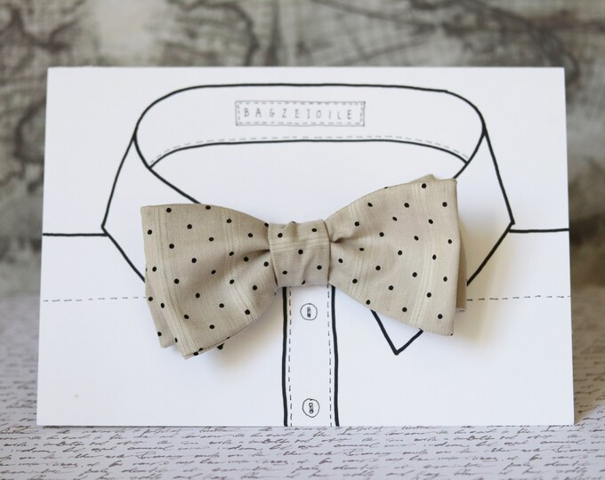 Men's bow tie,  light beige with black pindots - cotton print - adjustable to collar size 14 to 18 1/2" -  self-tie for men.