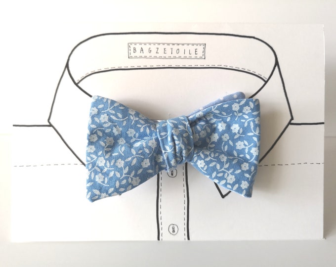 Bow tie by Bagzetoile, blue cotton fabric, natural white floral print, freestyle for men / ships  from France