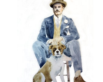 Ritratto personalizzato, personalizzato, regalo per lui, acquerello dipinto a mano da Louise Poole, ritratto di animale domestico, ritratto di famiglia, dipinto