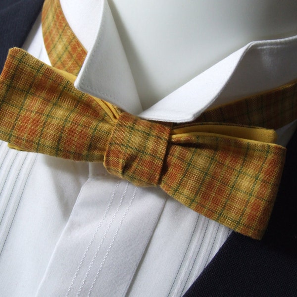 mens bowtie, skinny style, mustard plaid fabric & plain cotton fabric on reverse, self tie, freestyle for men.