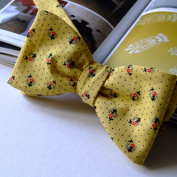 Bow tie for men - self tie bowtie, cotton, yellow with black and red motif, just freestyle bowties