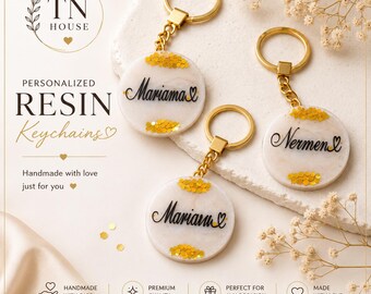 Custom Handmade Resin Name Keychain – White Pearlescent Gold Glitter Personalized Bag Tag