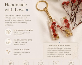 Personalized Resin Initial Keychain with Real Pressed Flowers | Handmade Floral Letter Keychain