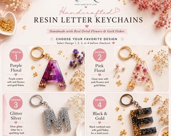 Personalized Resin Letter Keychain, Real Dried Flowers, Gold Flakes, Handmade Initial Bag Charm.