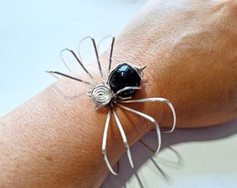 Spider cuff bracelet with glass marble and gemstone of your choice