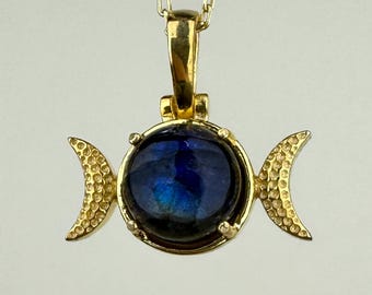 Natural Labradorite Triple Moon Necklace, 14k Gold Vermeil 925 Sterling Silver Phases of Moon Hecate Pendant