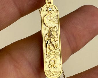 Leo Tarot Card Necklace, 14k Gold Vermeil Leo Zodiac Pendant, Lion Crescent Charm