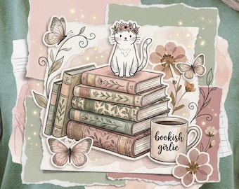 Imagen PNG de chica lectora, diseño de libros y café, collage falso de amante de la lectura (descarga digital)