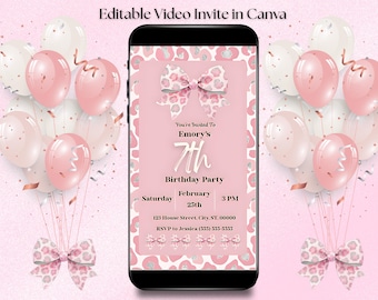 Invito video di compleanno con fiocco leopardato rosa / Modello Canva personalizzabile, file MP4 digitale