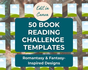 50 plantillas de retos de lectura de libros / Editables en Canva / Diseños inspirados en fantasía y romance