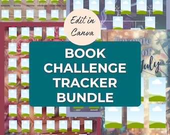 Paquete de retos de lectura / Rastreadores de libros editables en Canva / Cinco diseños de rastreadores de lectura