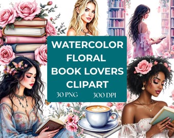 Imágenes prediseñadas florales en acuarela con temática literaria / 30 PNG (300 ppp) / Diseños para chicas lectoras y amantes de los libros