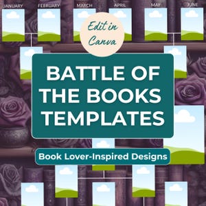 May include: A teal graphic with the text "BATTLE OF THE BOOKS TEMPLATES" and "Book Lover-Inspired Designs." The design includes a bookshelf background and calendar-like boxes for each month, with the words "January" through "June."