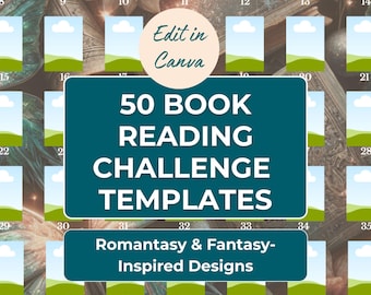 50 Book Reading Challenge Vorlagen | Bearbeitbar in Canva | Fantasy & Romantik inspirierte Designs
