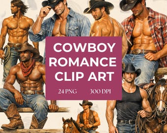 Imágenes prediseñadas de amantes de los libros de romance vaquero / 24 PNG (300 DPI) / Imágenes de novios literarios