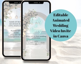 Invito video animato per matrimonio in spiaggia, modello Canva modificabile