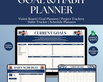 Foglio di calcolo per la pianificazione della vita / Bacheca digitale dei sogni, strumento di monitoraggio di obiettivi e abitudini, strumento di monitoraggio dei progetti / Design floreale boho