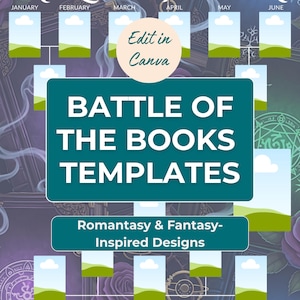 May include: A teal graphic with the text "BATTLE OF THE BOOKS TEMPLATES" and "Romantasy & Fantasy-Inspired Designs." The image includes a calendar-like layout with months and cloud icons, and the words "Edit in Canva."