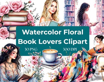Clip art floreale ad acquerello a tema libri / 30 PNG (300 DPI) / Disegni per ragazze che leggono e amanti dei libri